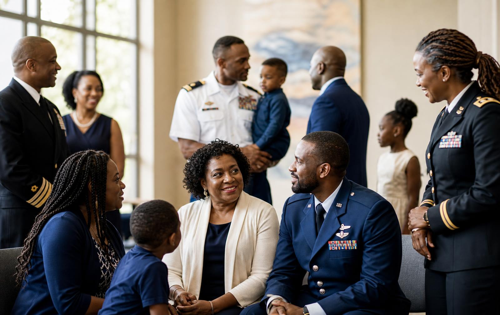 A diverse group of veterans, servicemembers, and family members gathered together in a warm community setting