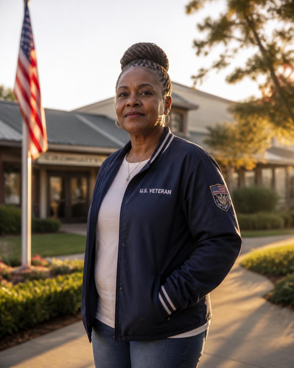 A Black woman veteran standing beside an American flag outside a community center in District Heights